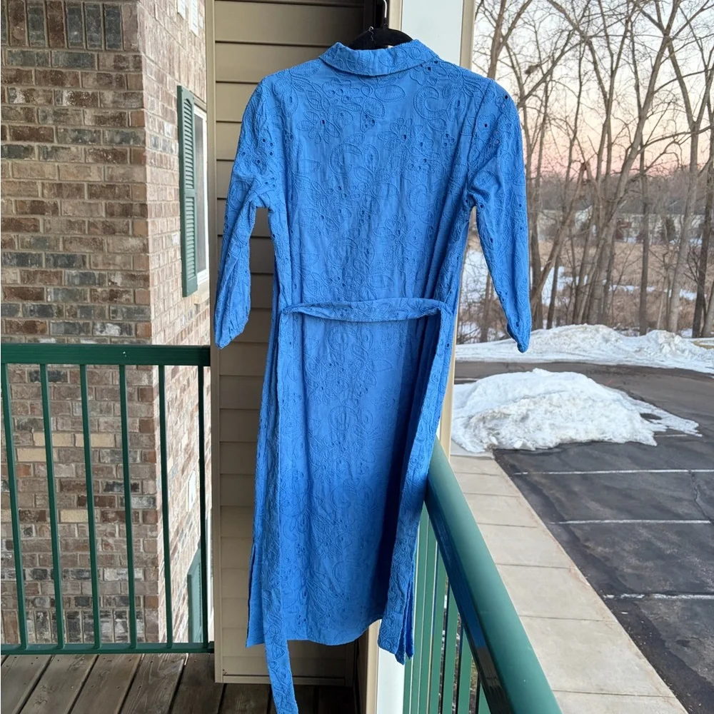 🆕 Tahari Spring Blue Embroidered Shirt Dress XS Belted Button Front Midi Cotton - Picture 5 of 17